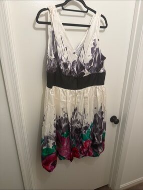 Suzi Chin for Maggy Boutique Ivory Floral V-Neck Dress with Black Waistband